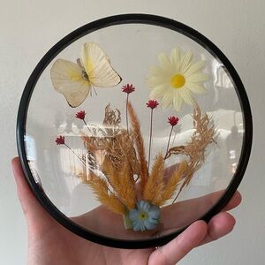 Vintage Round Glass Display with Butterfly and Flowers